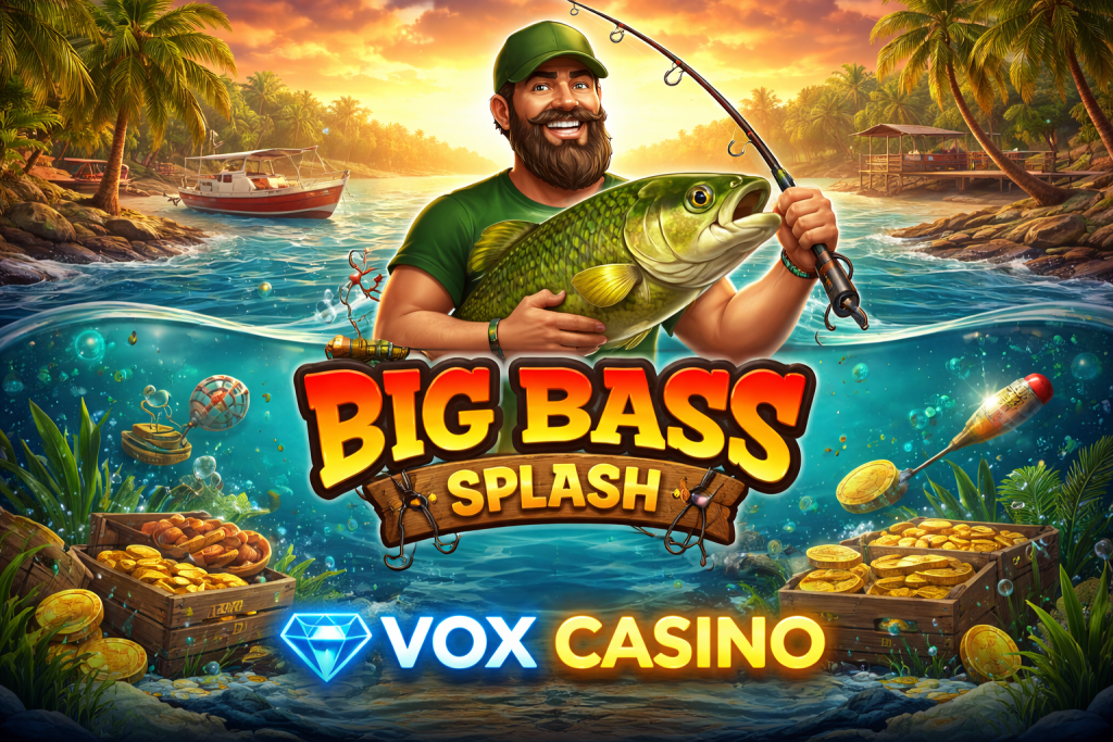 Kolorowy baner slotu Big Bass Splash z rybą, monetami i tropikalnym tłem