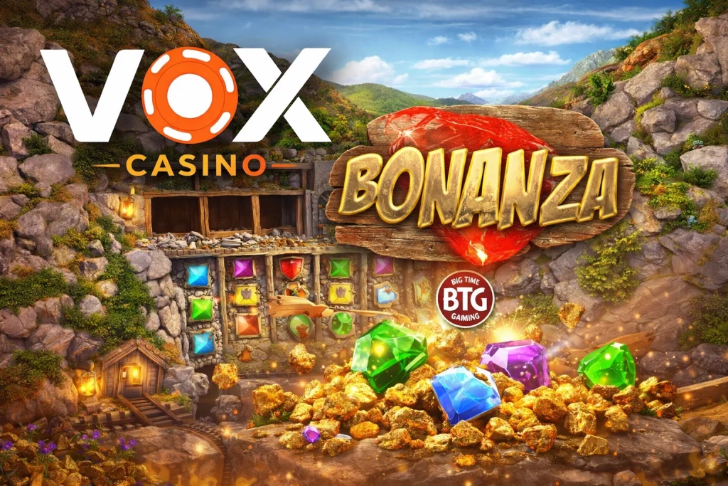 Bonanza slot game by Big Time Gaming with mining cart, golden gems and Megaways mechanics